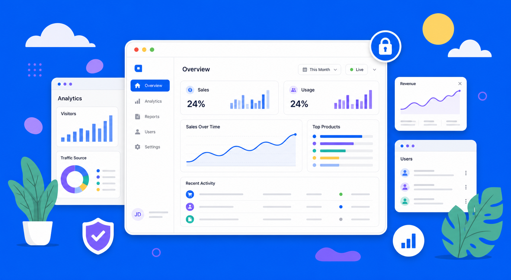 A crisp, unaltered SaaS dashboard marked frozen by a lock icon, surrounded by AI-generated clouds, sunlight, and greenery