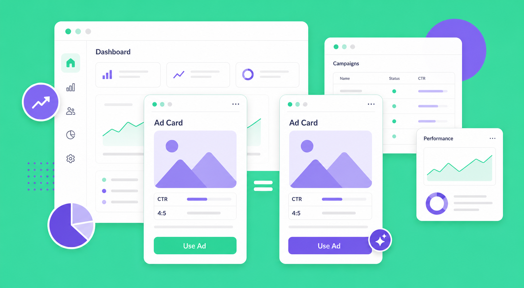 Two nearly identical ad cards side by side with an equals sign between them, showing everything held constant except the button