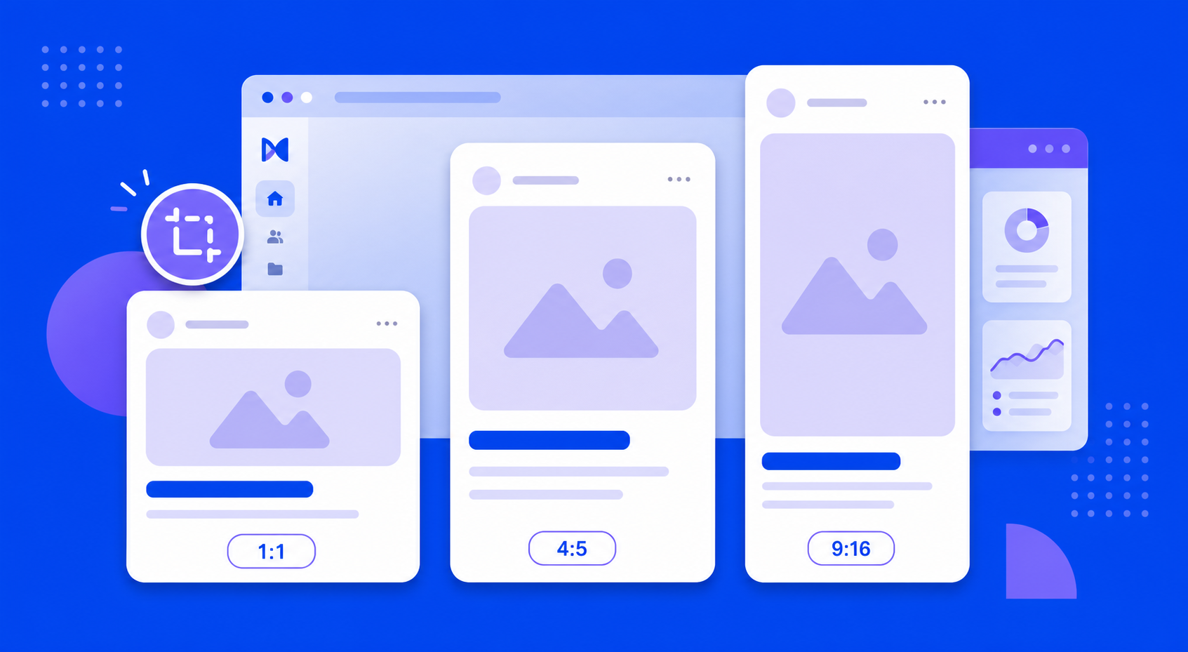 Three Meta ad ratios side by side: a 1:1 square, a 4:5 vertical, and a full-screen 9:16, each styled as a feed post