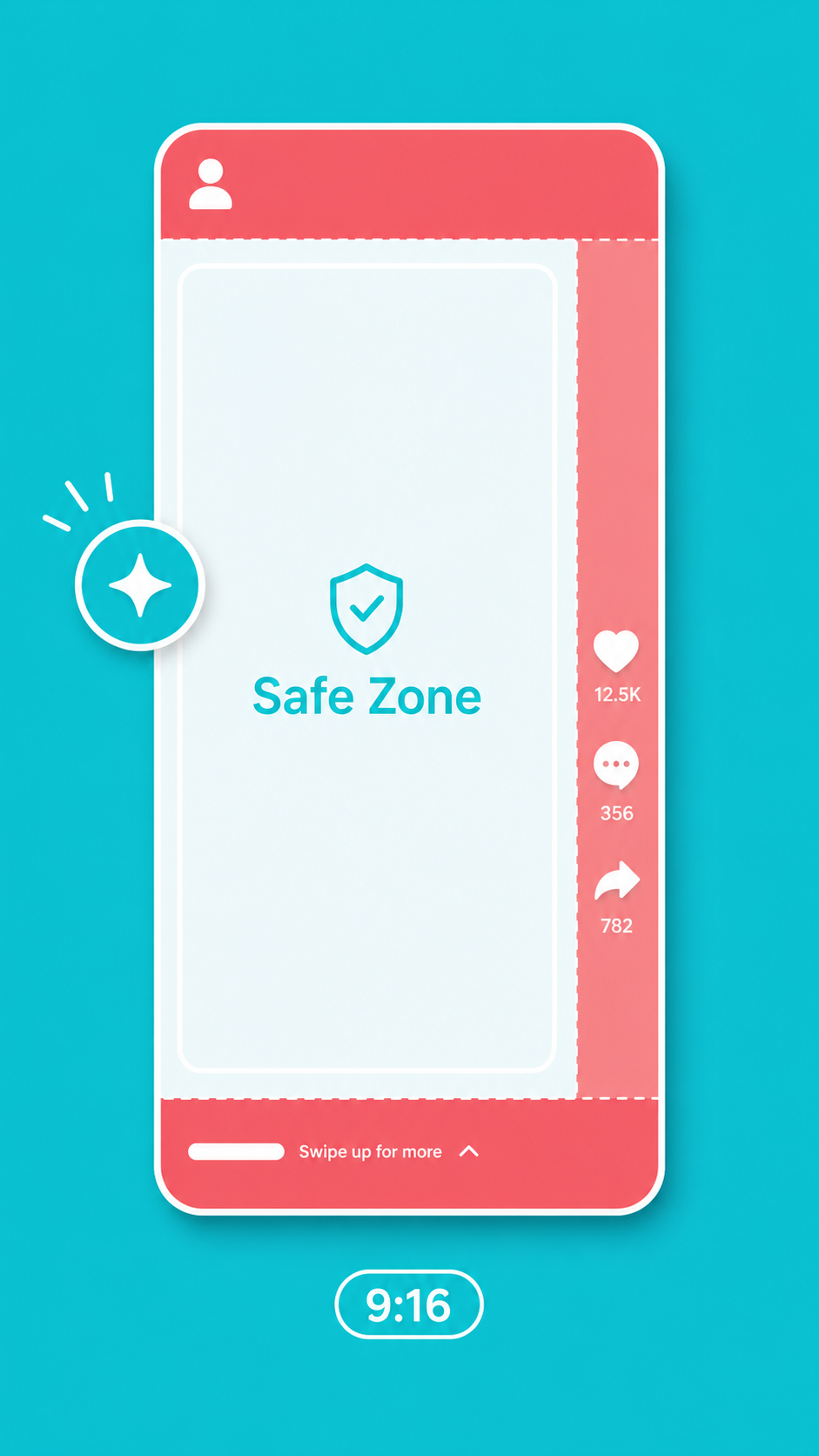 A 9:16 TikTok frame with red blocks marking where the interface covers the top, right edge, and bottom, leaving a white safe zone in the middle for anything that has to be readable