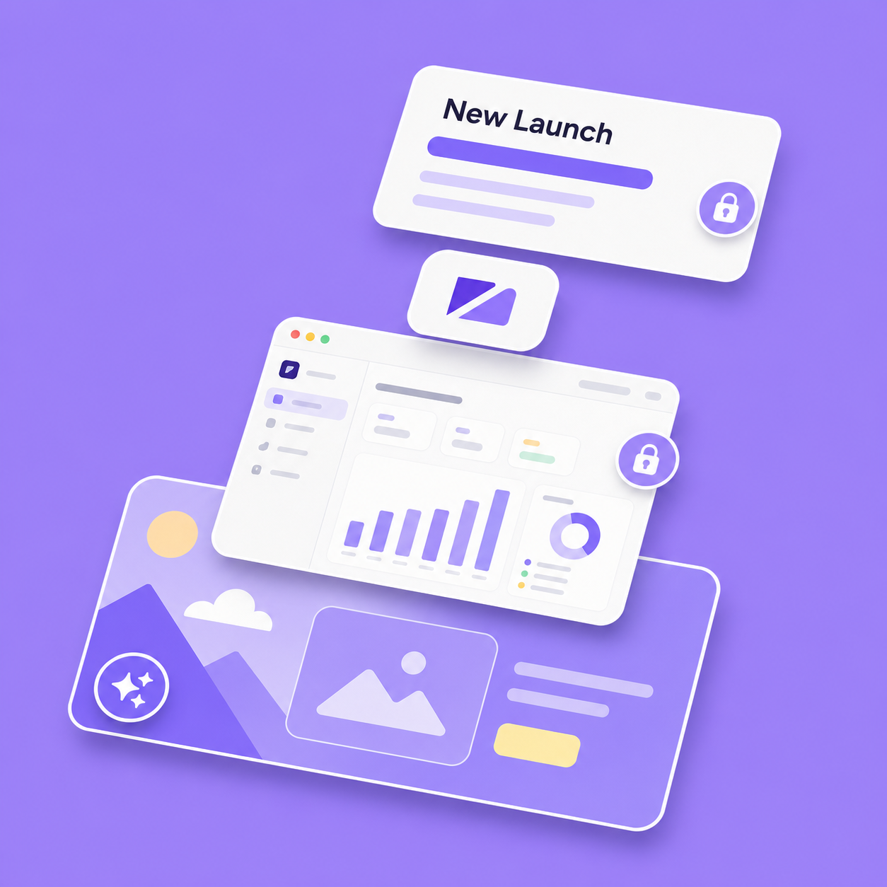 An ad pulled apart into stacked layers, with the headline and product UI marked as locked and the background scene marked as AI-generated